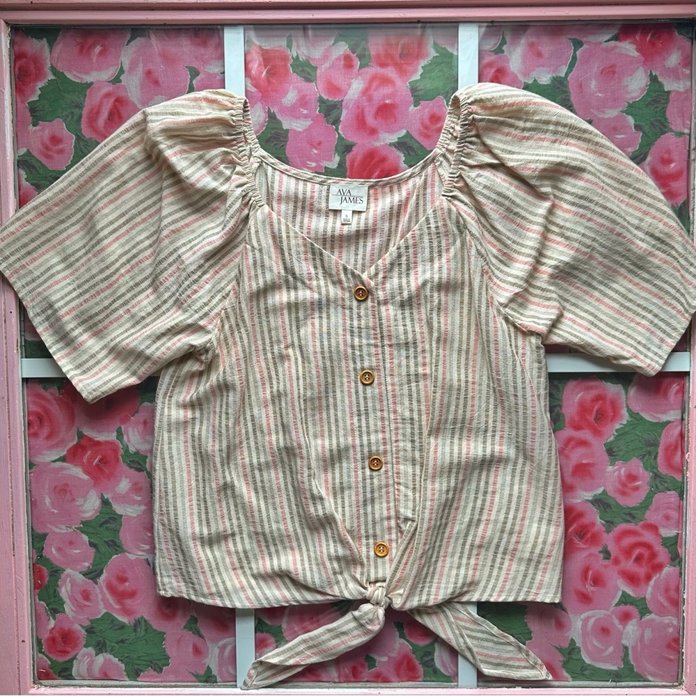 Pink and brown striped blouse with tie at bottom, slight puff sleeves, buttons